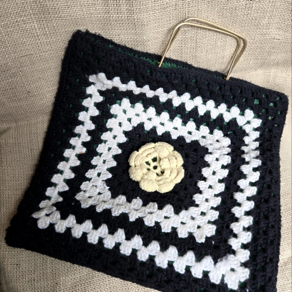 Vintage Granny Square Crochet Tote Bag With Mesh Lining